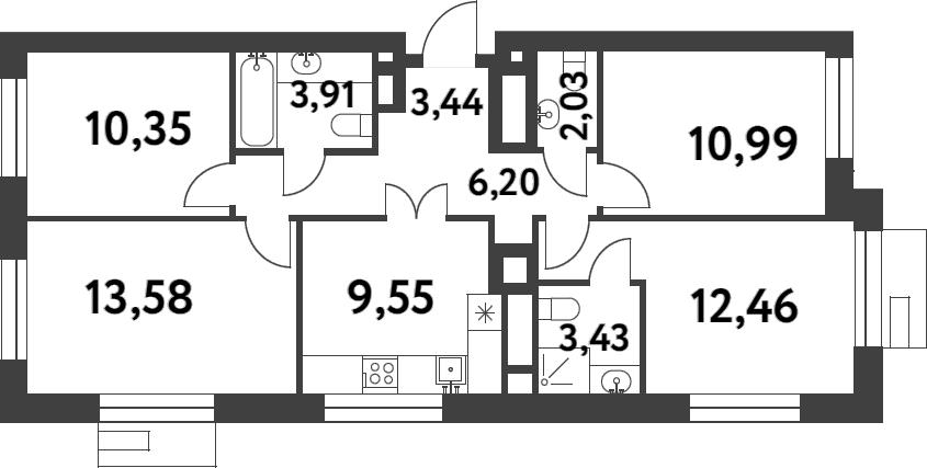 Планировка четырёхкомнатная 75.94 м² в ЖК «Смарт Гарден», корпус 1