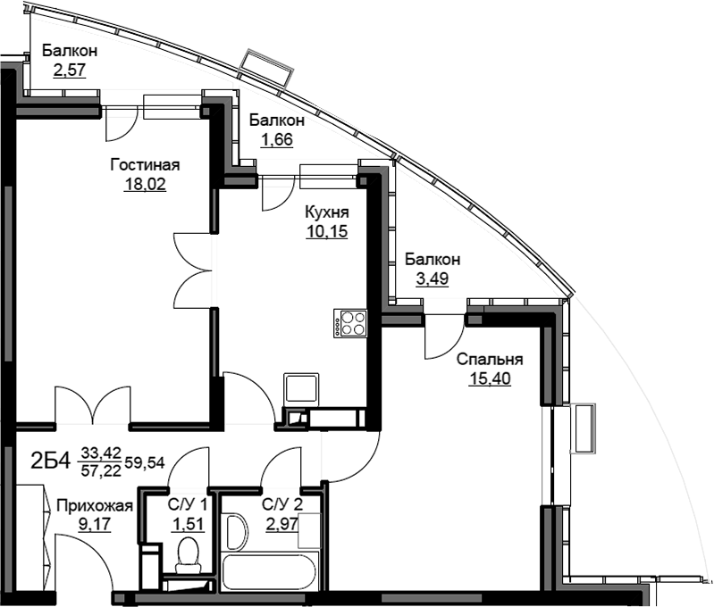 Планировка двухкомнатная 59.54 м² в ЖК «Соболевка», корпус 12