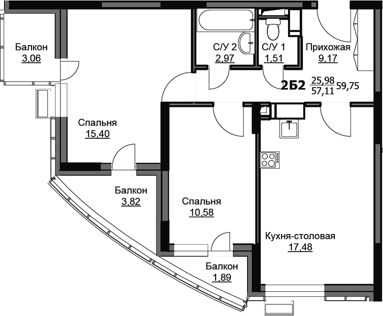 Планировка евротрёшка (3Е) 59.62 м² в ЖК «Соболевка», корпус 11