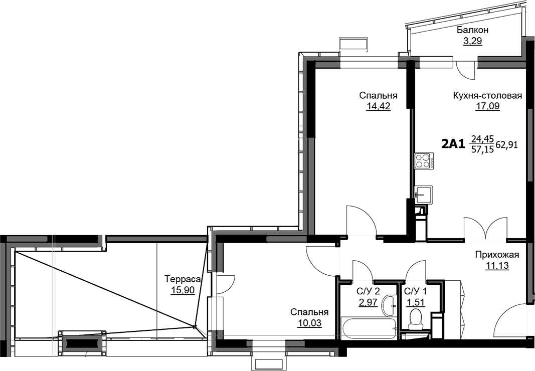 Планировка евротрёшка (3Е) 62.89 м² в ЖК «Соболевка», корпус 11