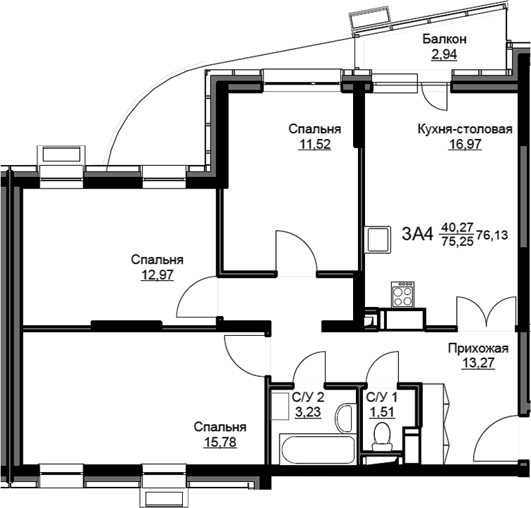 Планировка евро-4 (4Е) 76.13 м² в ЖК «Соболевка», корпус 12