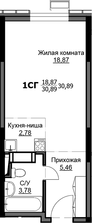 Планировка Студии 30.89 м² в ЖК «Соболевка», корпус 11