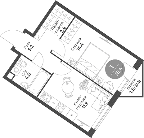 Планировка однокомнатная 38.4 м² в ЖК «Соколинн Парк», корпус 1