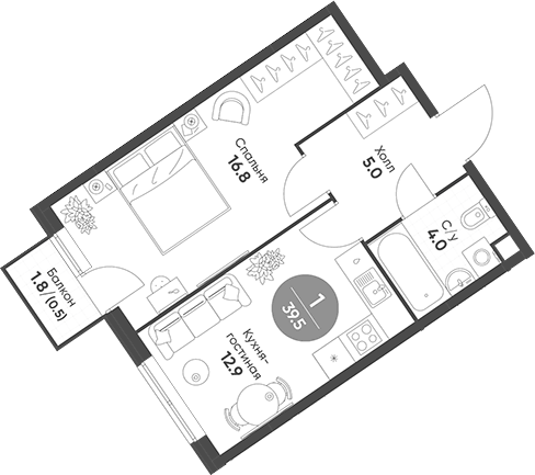 Планировка однокомнатная 39.2 м² в ЖК «Соколинн Парк», корпус 2