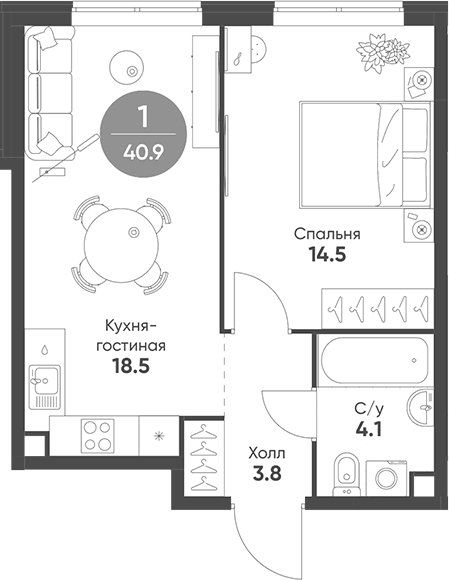 Планировка евродвушка (2Е) 40.9 м² в ЖК «Соколинн Парк», корпус 2