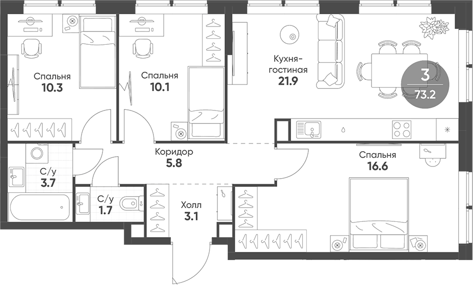 Планировка евро-4 (4Е) 73.2 м² в ЖК «Соколинн Парк», корпус 1