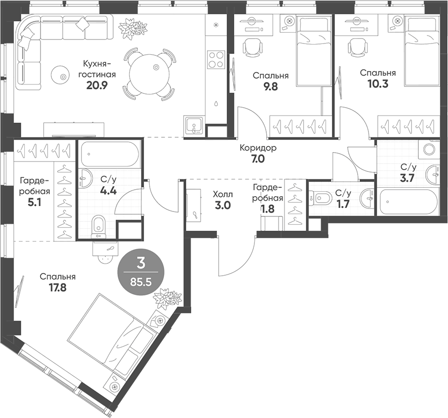 Планировка евро-4 (4Е) 85.5 м² в ЖК «Соколинн Парк», корпус 1