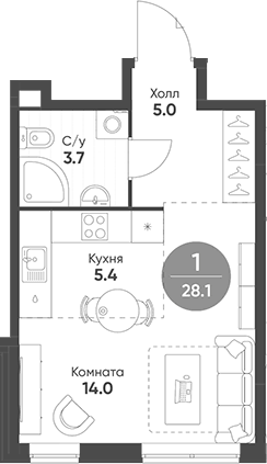 Планировка Студии 28.1 м² в ЖК «Соколинн Парк», корпус 1
