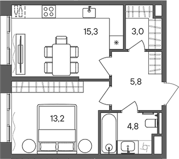 Планировка однокомнатная 42.1 м² в ЖК «СТОУН Сокольники», корпус Башня A