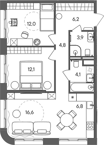 Планировка евротрёшка (3Е) 66.5 м² в ЖК «СТОУН Сокольники», корпус Башня A