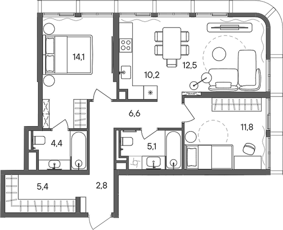 Планировка евротрёшка (3Е) 72.9 м² в ЖК «СТОУН Сокольники», корпус Башня A