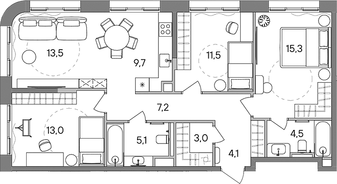 Планировка евро-4 (4Е) 86.9 м² в ЖК «СТОУН Сокольники», корпус Башня С