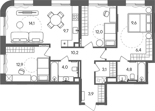 Планировка евро-4 (4Е) 90.7 м² в ЖК «СТОУН Сокольники», корпус Башня A