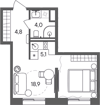 Планировка Студии 32.8 м² в ЖК «СТОУН Сокольники», корпус Башня С
