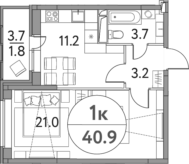 Планировка однокомнатная 40.9 м² в ЖК «Солнечная долина», корпус 13-2