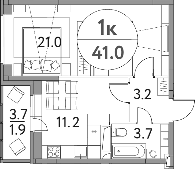 Планировка однокомнатная 41 м² в ЖК «Солнечная долина», корпус 13-2
