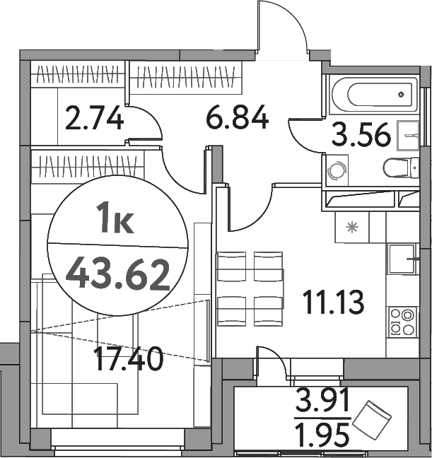 Планировка однокомнатная 43.62 м² в ЖК «Солнечная долина», корпус 13-1
