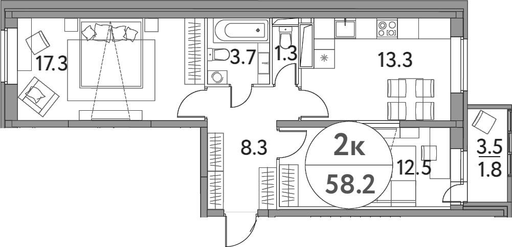 Планировка двухкомнатная 58.2 м² в ЖК «Солнечная долина», корпус 13-2