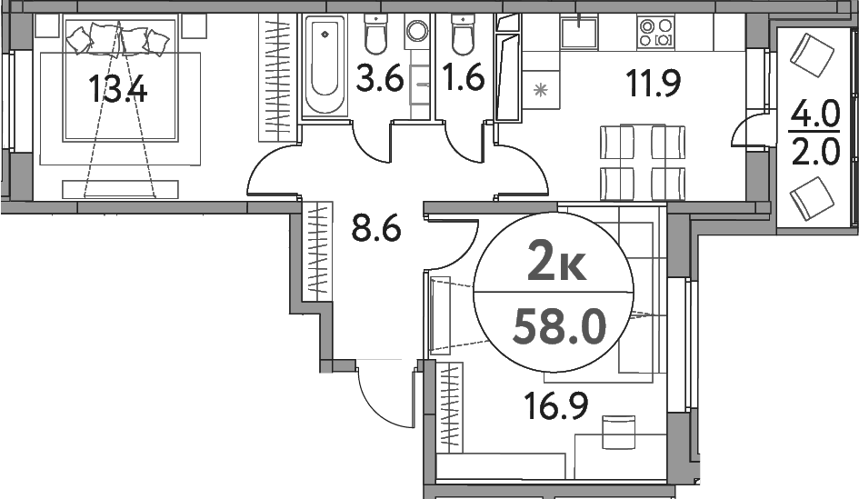 Планировка двухкомнатная 58 м² в ЖК «Солнечная долина», корпус 13-2
