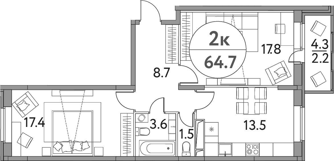 Планировка двухкомнатная 64.7 м² в ЖК «Солнечная долина», корпус 13-2