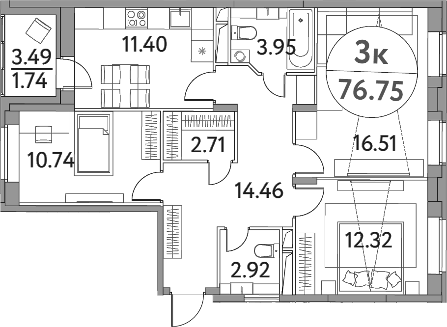 Планировка трёхкомнатная 76.75 м² в ЖК «Солнечная долина», корпус 13-1