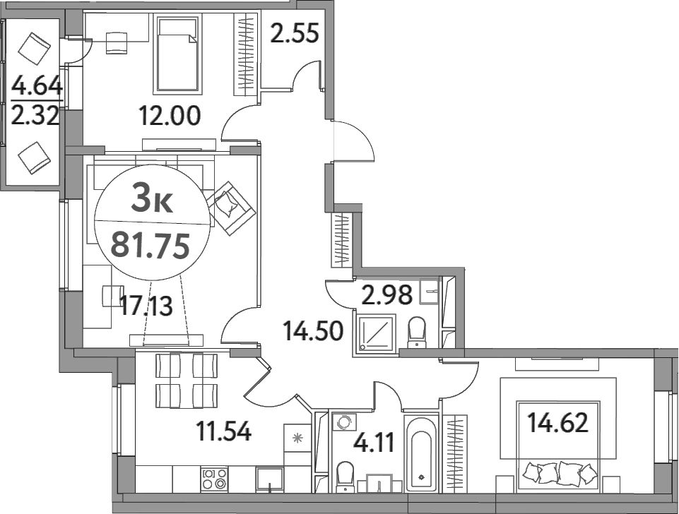 Планировка трёхкомнатная 81.75 м² в ЖК «Солнечная долина», корпус 13-1