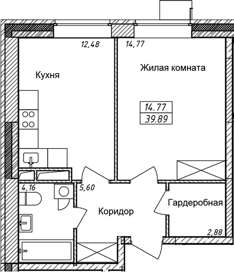 Планировка однокомнатная 39.89 м² в ЖК «Солнечный», корпус А