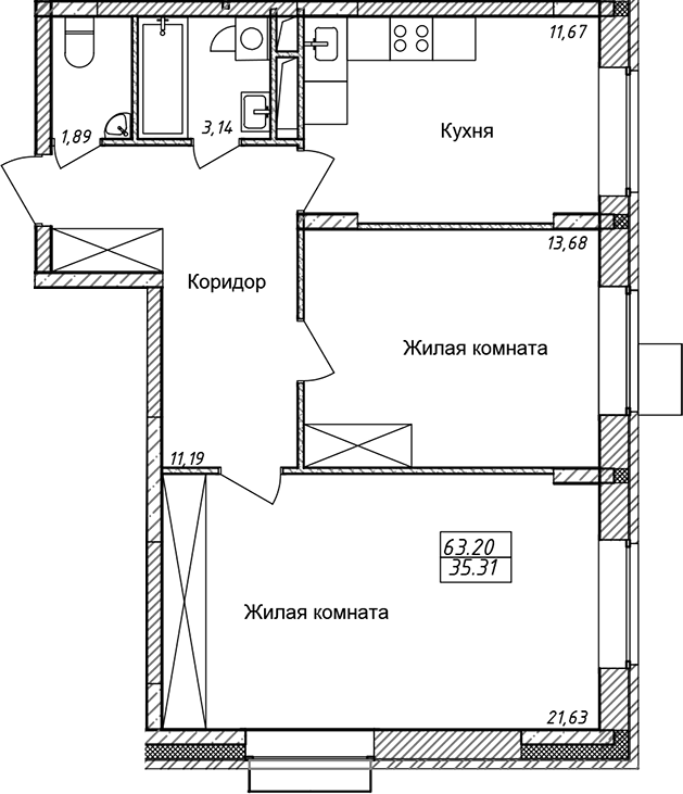 Планировка двухкомнатная 63.2 м² в ЖК «Солнечный», корпус А