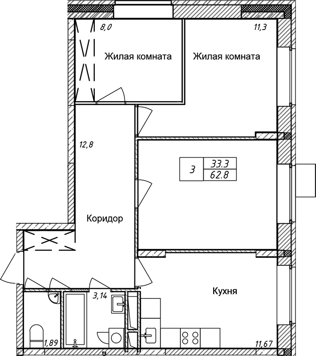 Планировка трёхкомнатная 62.8 м² в ЖК «Солнечный», корпус Г