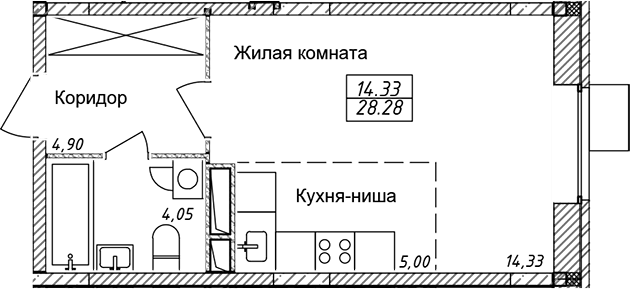 Планировка Студии 28.28 м² в ЖК «Солнечный», корпус Г