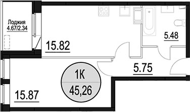Планировка евродвушка (2Е) 45.26 м² в ЖК «Солнечный Парк», корпус Централ парк
