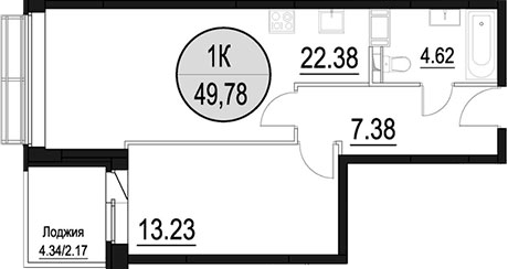 Планировка евродвушка (2Е) 49.78 м² в ЖК «Солнечный Парк», корпус Миллениум