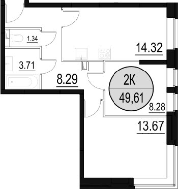 Планировка двухкомнатная 49.61 м² в ЖК «Солнечный Парк», корпус Форест