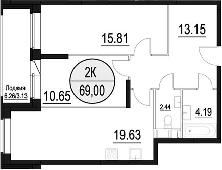 Планировка евротрёшка (3Е) 70.9 м² в ЖК «Солнечный Парк», корпус Форест