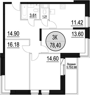 Планировка трёхкомнатная 78.4 м² в ЖК «Солнечный Парк», корпус Централ парк