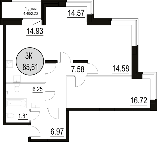 Планировка трёхкомнатная 85.61 м² в ЖК «Солнечный Парк», корпус Форест