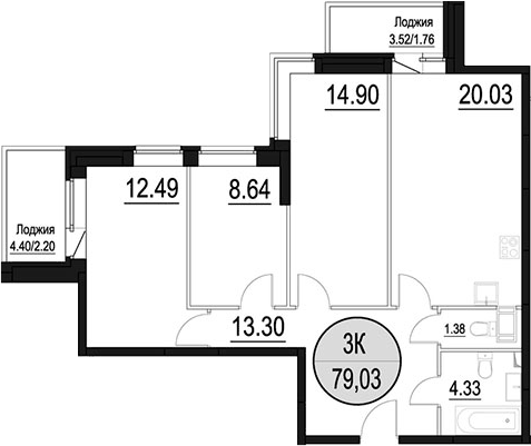Планировка евро-4 (4Е) 79.03 м² в ЖК «Солнечный Парк», корпус Централ парк