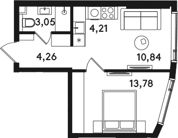 Планировка евродвушка (2Е) 36.14 м² в ЖК «СОЛОС», корпус 1А