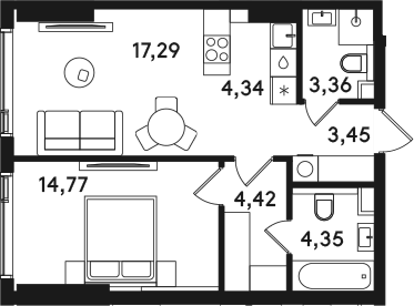Планировка евродвушка (2Е) 51.98 м² в ЖК «СОЛОС», корпус 1А
