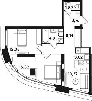 Планировка евротрёшка (3Е) 61.16 м² в ЖК «СОЛОС», корпус 1Б