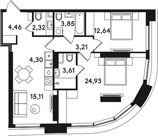 Планировка евротрёшка (3Е) 74.43 м² в ЖК «СОЛОС», корпус 1Б