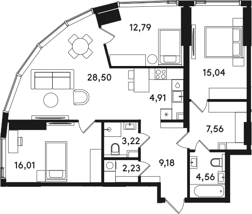 Планировка евро-4 (4Е) 104 м² в ЖК «СОЛОС», корпус 1А