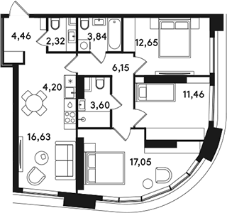 Планировка евро-4 (4Е) 82.36 м² в ЖК «СОЛОС», корпус 1Б