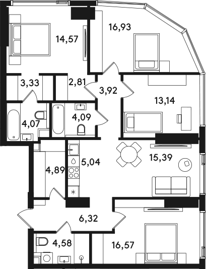 Планировка 5Е-к.кв 115.65 м² в ЖК «СОЛОС», корпус 1А