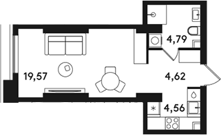 Планировка Студии 33.54 м² в ЖК «СОЛОС», корпус 1Б