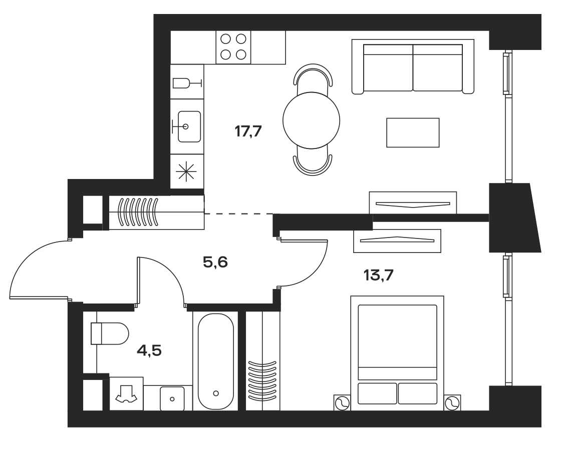 Планировка евродвушка (2Е) 41.5 м² в ЖК «СОУЛ», корпус 4