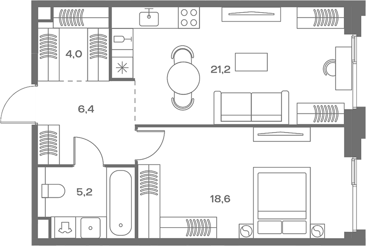 Планировка евродвушка (2Е) 55.4 м² в ЖК «СОУЛ», корпус Камерный дом (7)