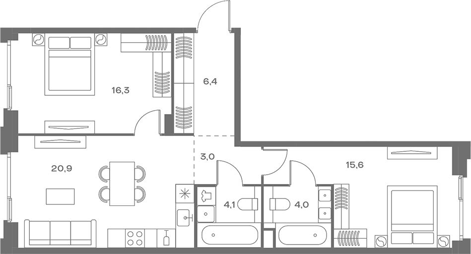 Планировка евротрёшка (3Е) 70.3 м² в ЖК «СОУЛ», корпус Камерный дом (7)