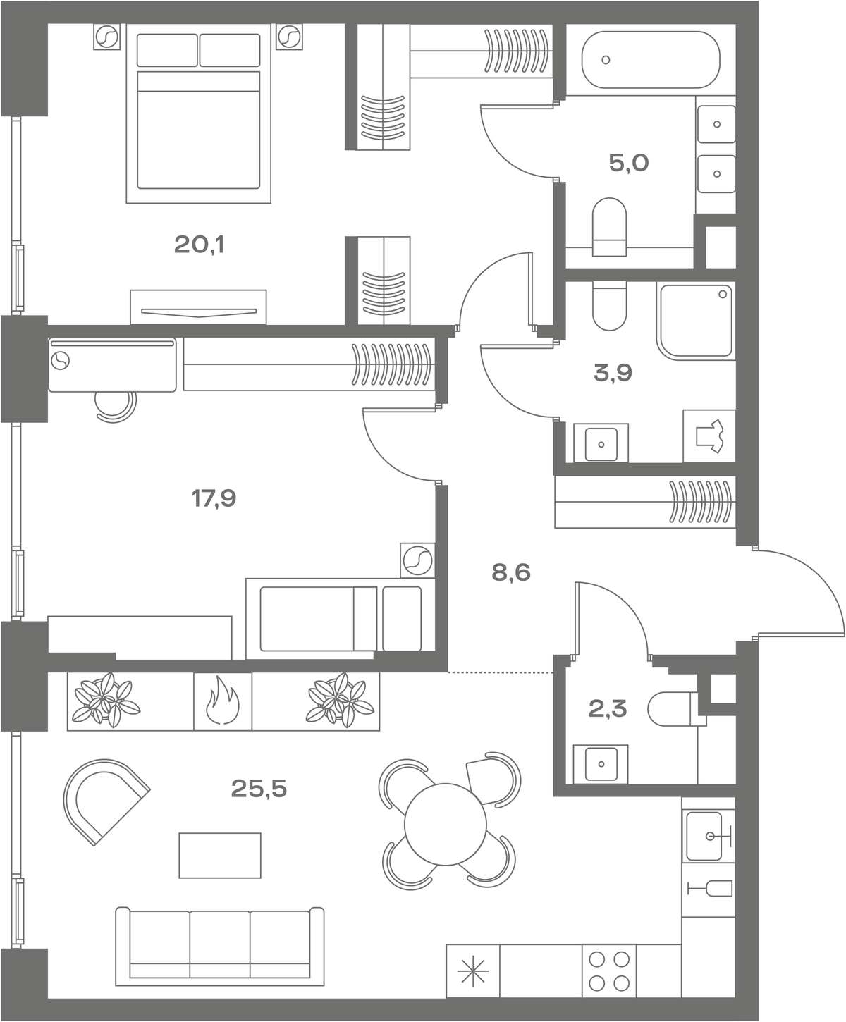 Планировка евротрёшка (3Е) 83.3 м² в ЖК «СОУЛ», корпус Камерный дом (6)