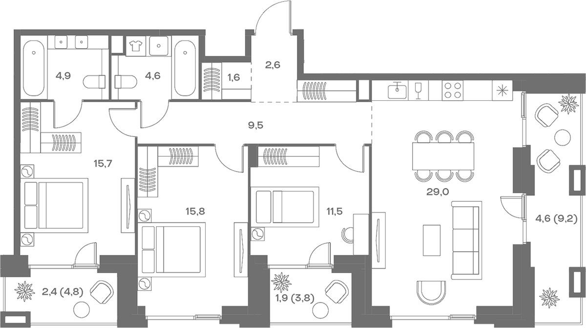 Планировка евро-4 (4Е) 104.1 м² в ЖК «СОУЛ», корпус Камерный дом (7)